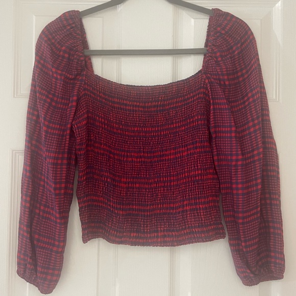 Abercrombie & Fitch Plaid Smocked Long Sleeve Crop Top - Picture 2 of 6